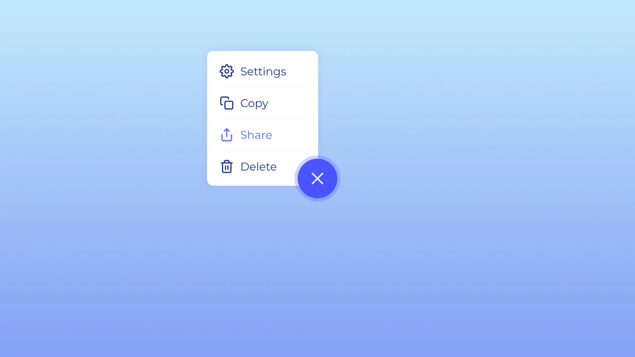 Floating action button displaying an expanded menu list with icons and a morphing hamburger-to-close button animation