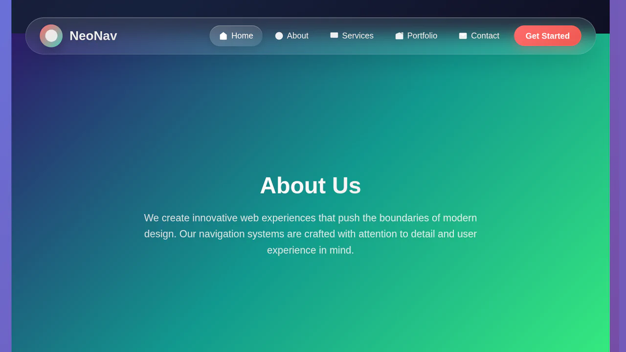 Floating glassmorphic pill-shaped navigation bar with gradient active states over a vibrant gradient background