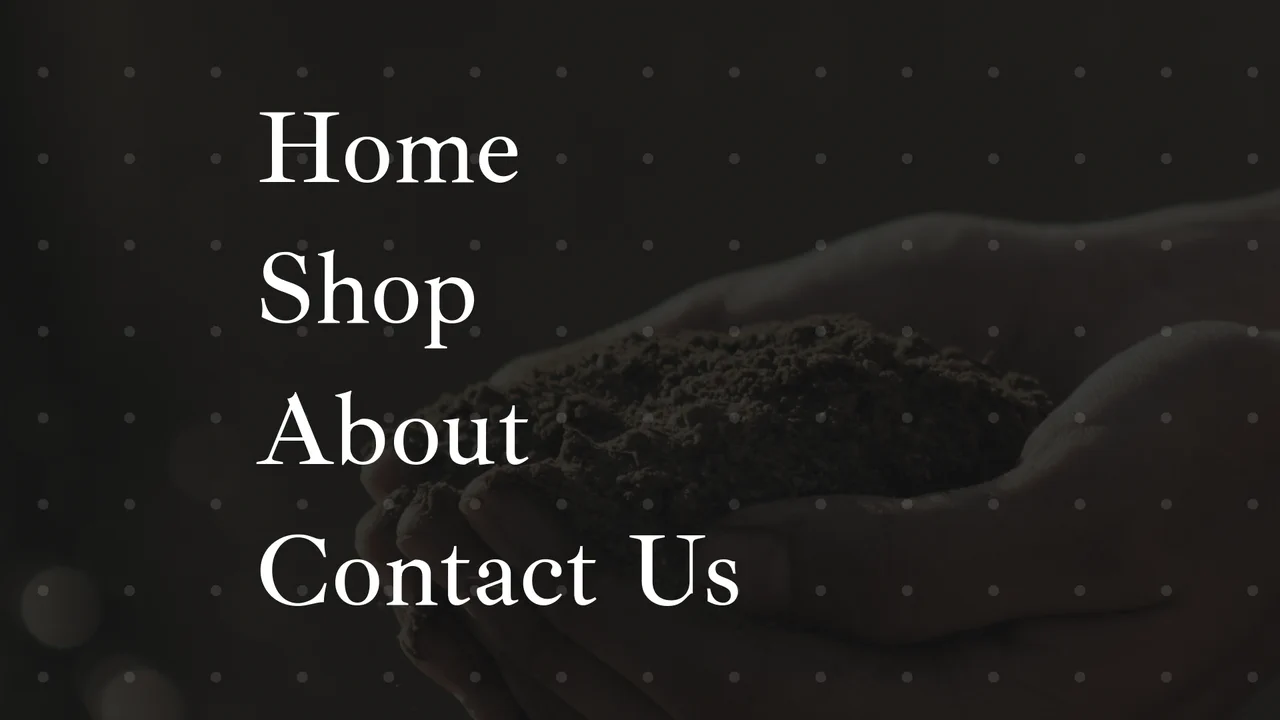Minimalist dark-mode navigation menu with large serif typography and a background pattern that shifts based on the hovered menu item.