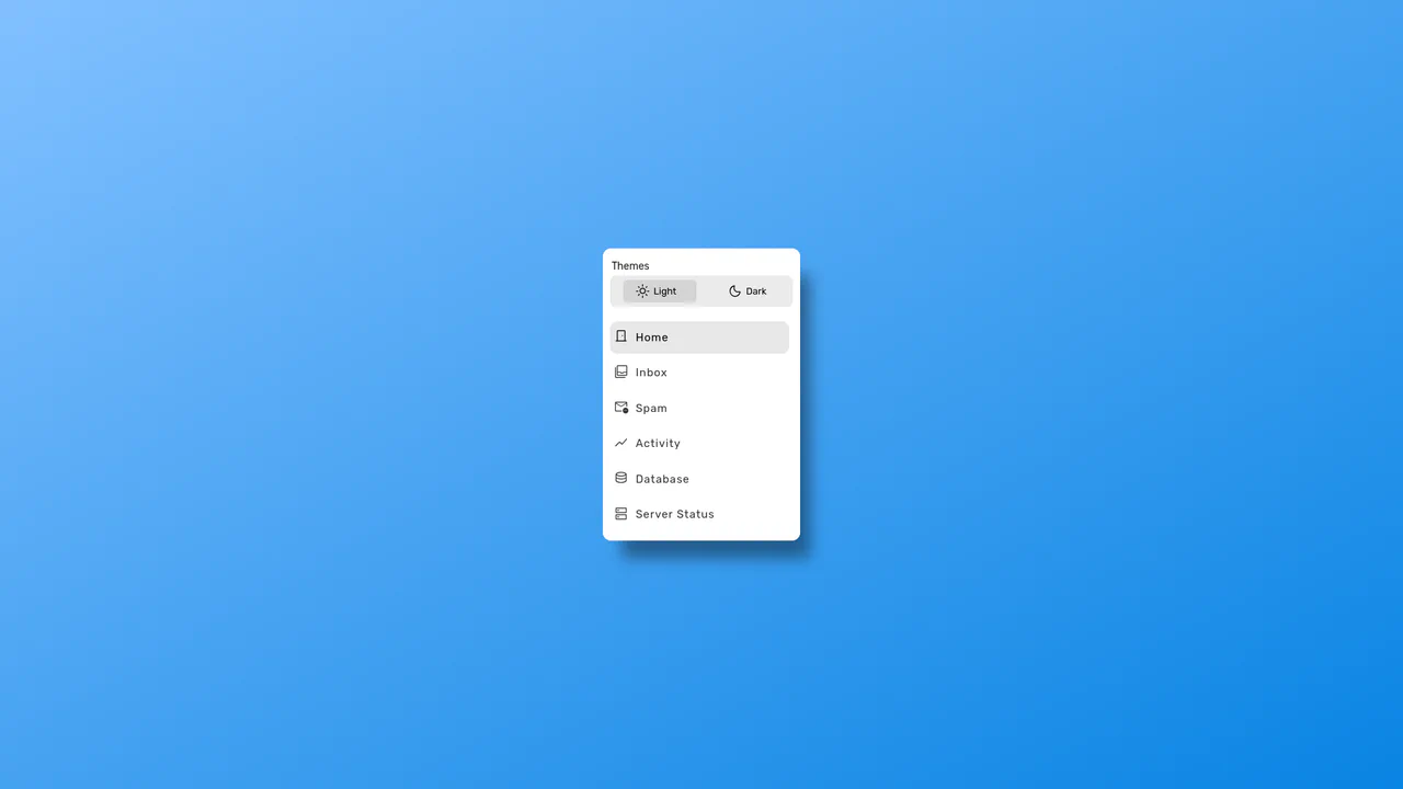 Minimalist sidebar menu with a pill-shaped sliding light and dark mode toggle switch and custom scrollbar