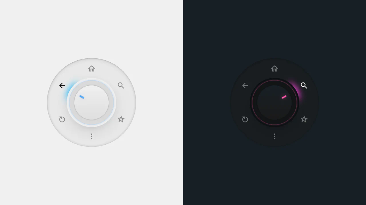 Circular dial menu with expanding radial icons and glowing neon indicator lights
