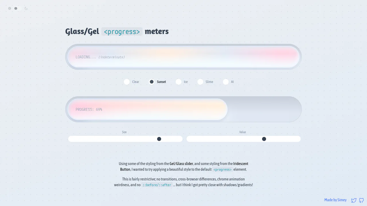 Glossy glassmorphic progress meters leveraging native HTML tags, stylized with oklch gradients, radial light refractions, and custom theme switches.