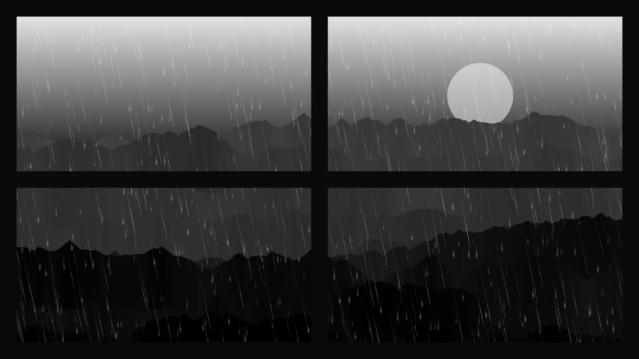 High-fidelity procedural stormy window simulation inside layered HTML5 Canvas layers, featuring recursive branching lightning and falling raindrops.