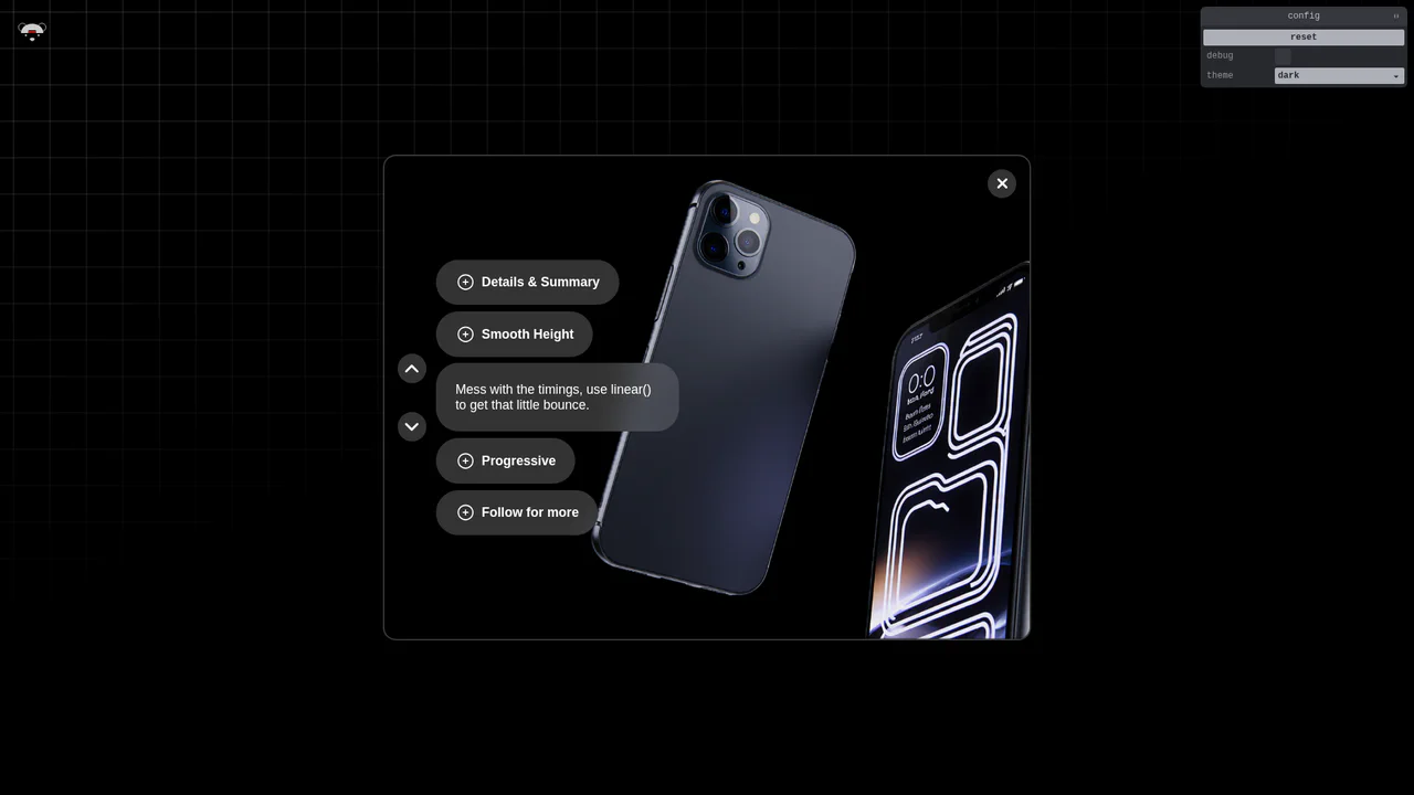 Accessible accordion using native details/summary markup, paired with a synchronized parallax image deck and fluid layout-size transitions.