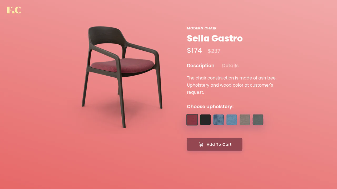 E-commerce product page showing a modern chair with color swatch options that dynamically change the product image and background gradient