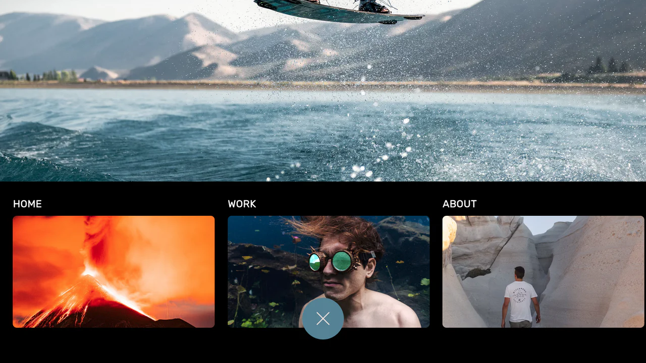 Minimalist navigation menu sliding upward from the bottom screen edge, presenting smooth image cards and a rotating icon switch.