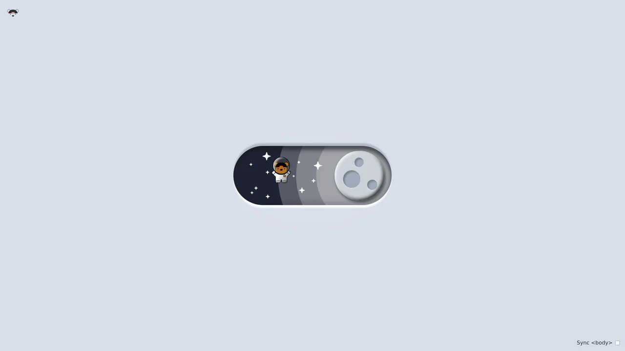 Playful vector theme toggle animating a pilot bear flying through clouds in light mode and transitioning into an astronaut bear floating in space in dark mode.
