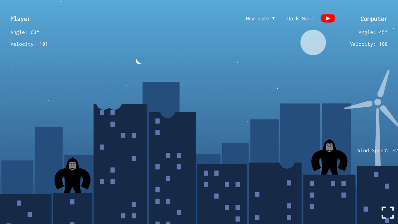 An interactive QBasic Gorillas artillery clone built with HTML5 Canvas, SVG windmill, and physics simulation.