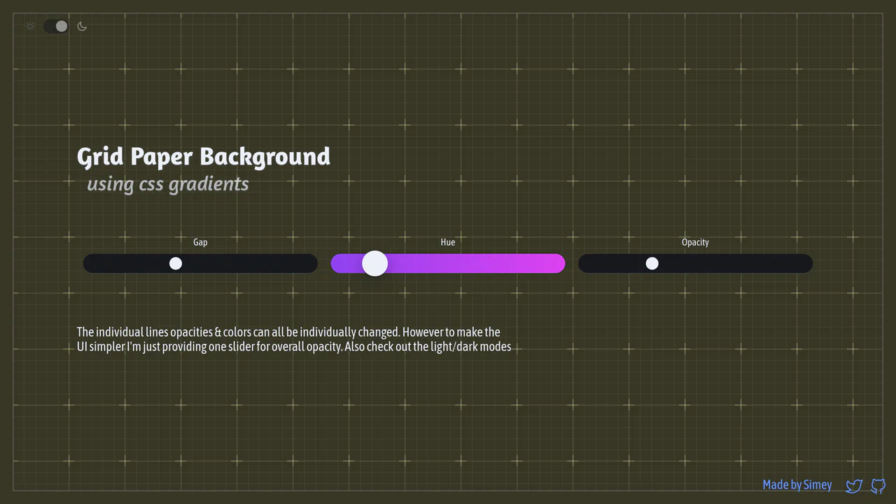 Interactive procedural graph notebook paper background generated entirely with multiple stacked CSS gradients and adjustable gap sizing.