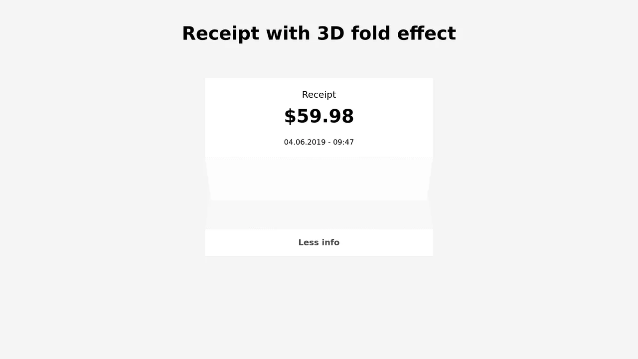 Interactive white paper receipt with a realistic 3D folding cover transition, unfolding on hover to reveal transaction details.
