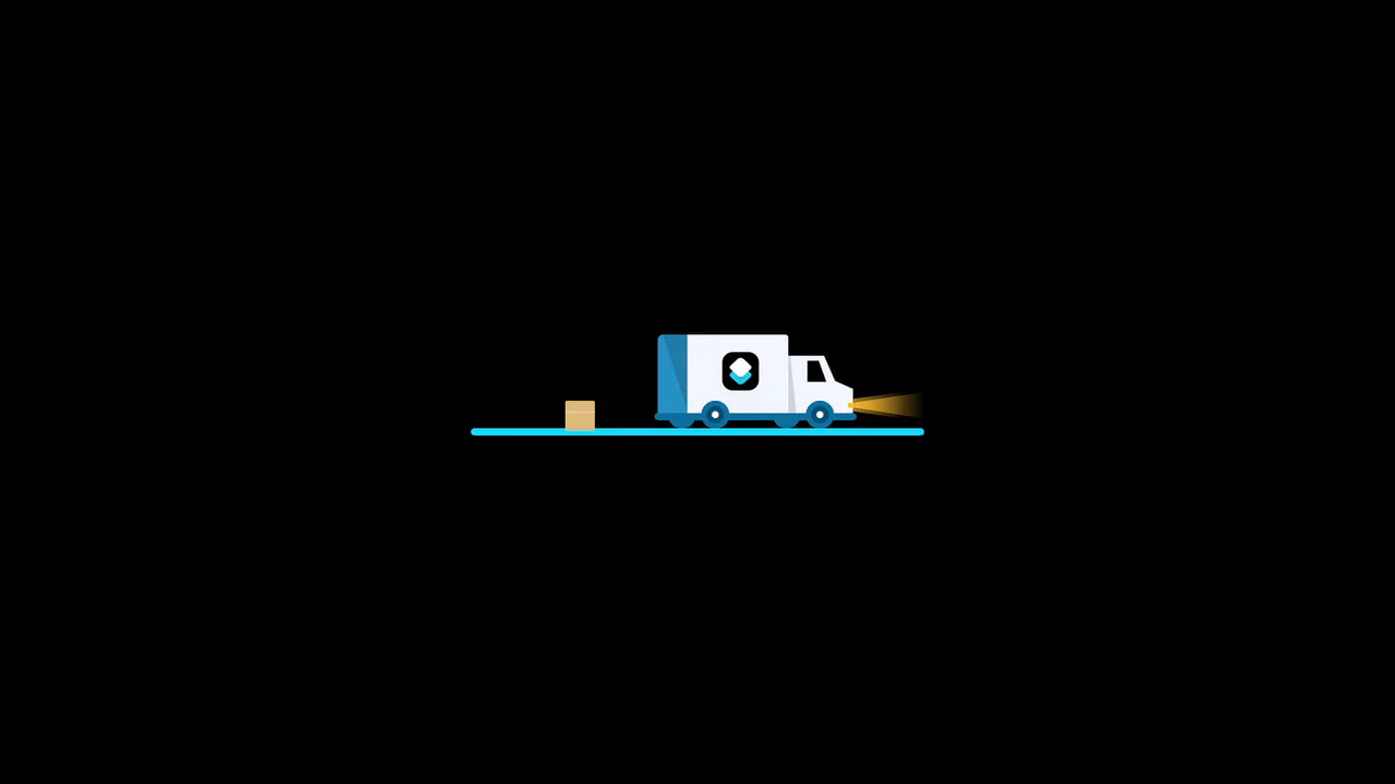 Interactive 3D download button that flips back on click, showing a flatbed truck driving across to collect cargo before departing.