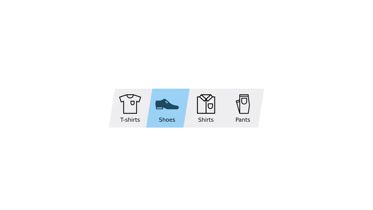 Elastic sliding garment category switcher featuring dual-layered clip-path polygon masks that skew organically on direction changes.