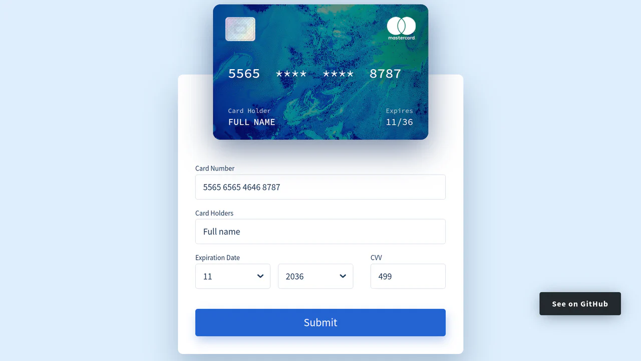 Interactive credit card checkout form featuring a 3D flipping card preview, dynamic focus highlighting, and real-time input masking.