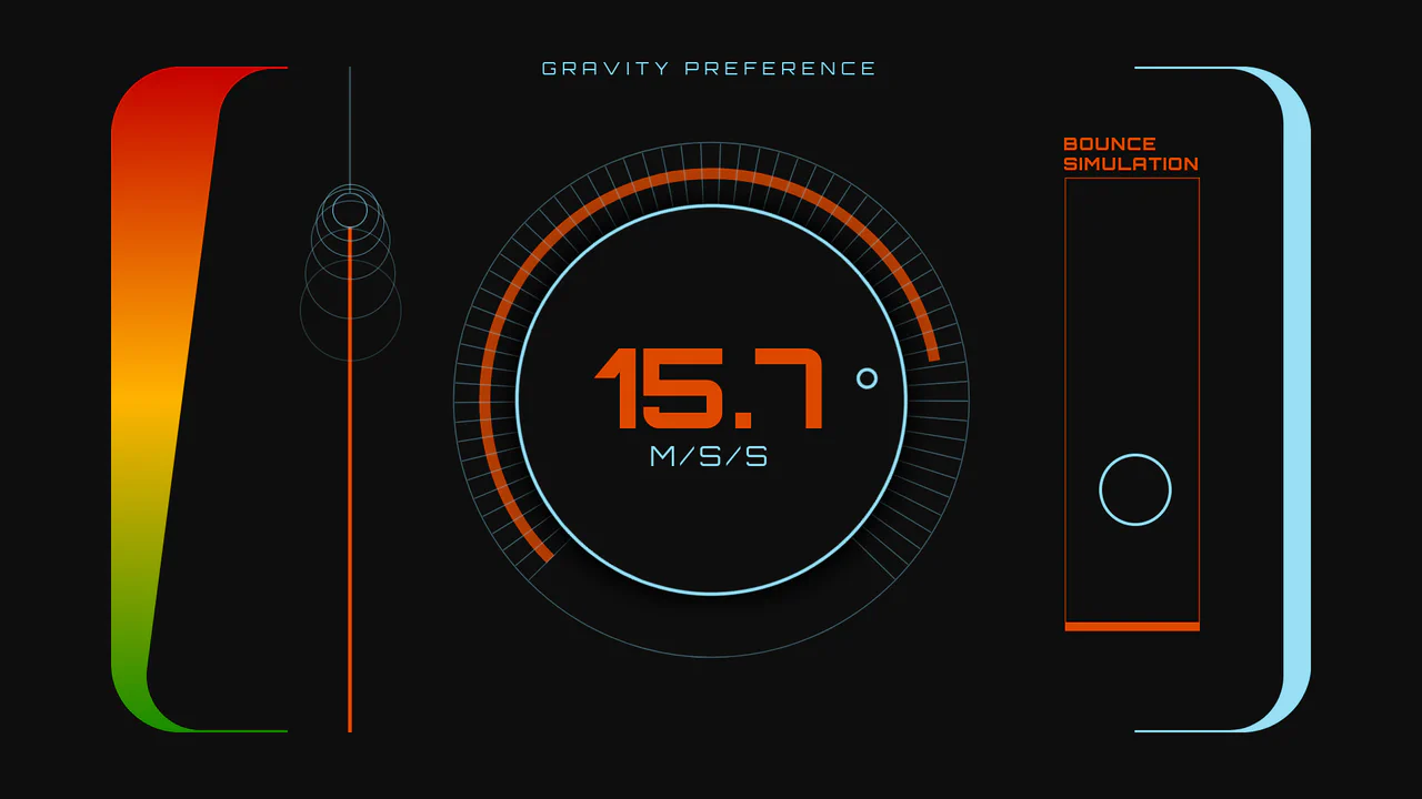 Interactive sci-fi dashboard featuring a Draggable dial, a linear range slider, and a bouncing ball animation syncing to variable gravity physics.