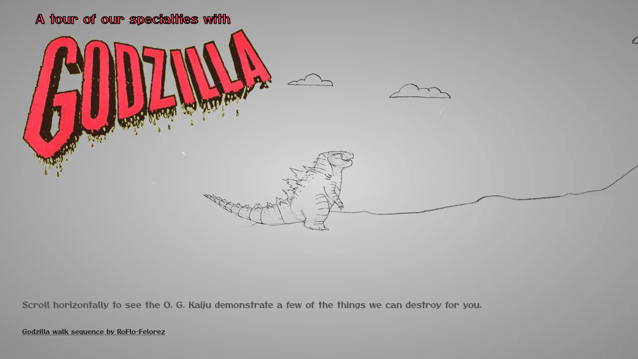 Interactive scroll-driven Godzilla walk animation along a curved vector pathway, featuring explosive debris and clickable breakable objects.