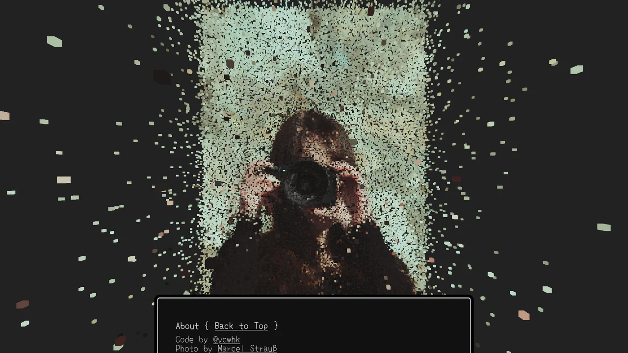 Interactive WebGL background composed of thousands of colored 3D cube particles that seamlessly converge into a portrait as the user scrolls.