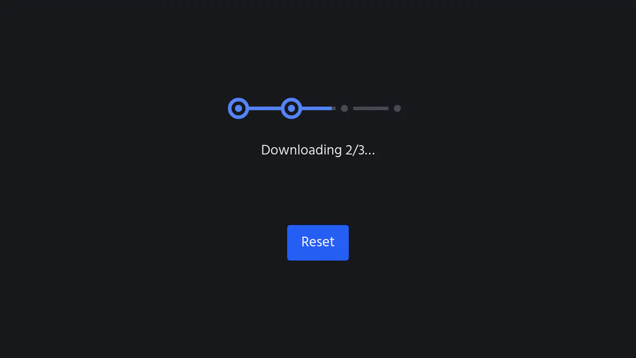 Sleek segmented progress loading bar made with dynamic SVGs, showing sequential hub expansions and dash-offset filled progress lines.