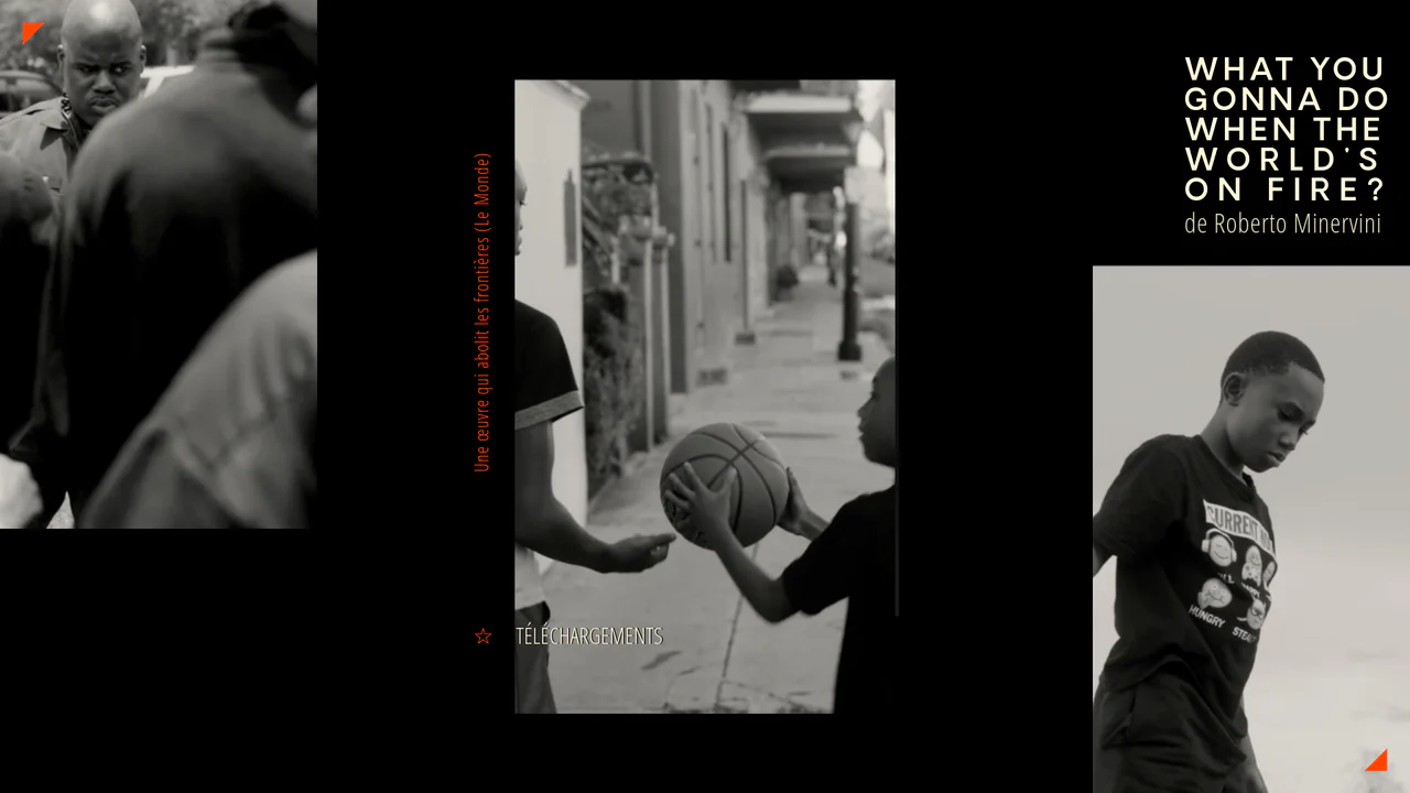 Parallax film presentation page featuring full-screen slider images, rotating side text, and dynamic text scramble transitions upon navigating.
