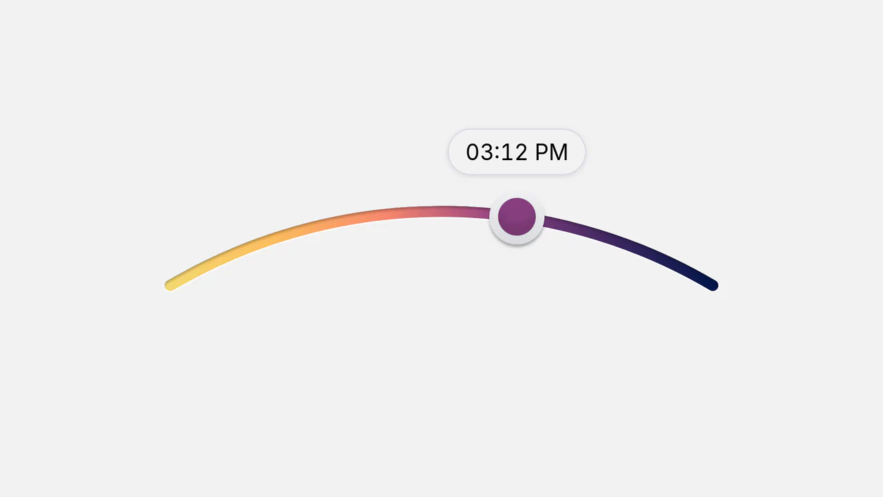 Time slider tracking a curved SVG arc where the thumb shifts colors dynamically along a sunset gradient track.