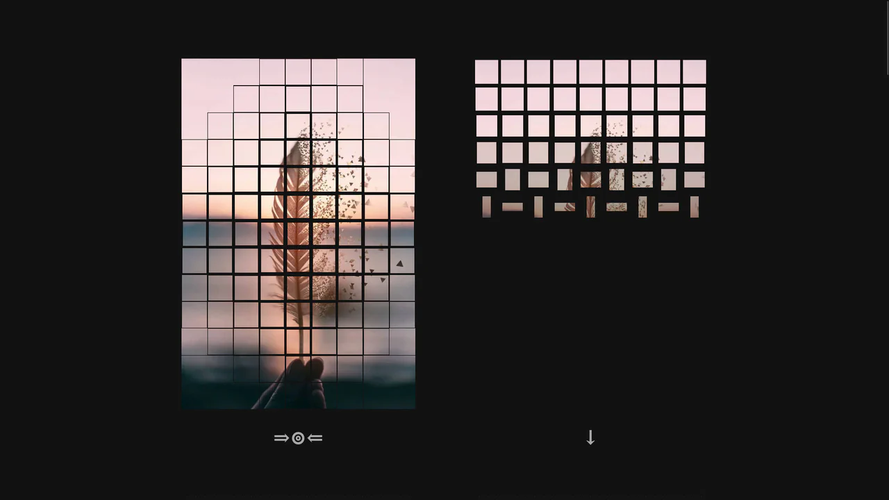 Grid of images splitting into textured tiles that dynamically flip in 3D using CSS custom properties and math-based delay functions.