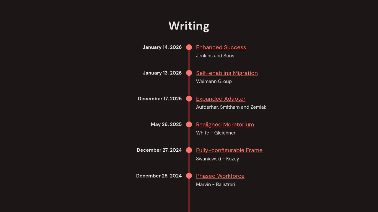 Minimalist vertical timeline on a muted beige backdrop, dynamically revealing articles and years with smooth horizontal slide-ins.