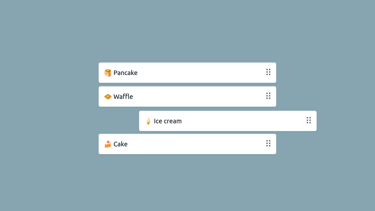 Animated list with draggable items that dynamically swap positions with smooth CSS transform translations upon drag and drop.