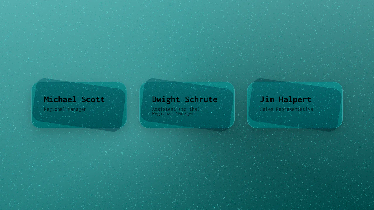 Grid of three textured teal cards featuring shifted 3D overlapping backdrop layers on a base64 speculary-lit SVG noise background.