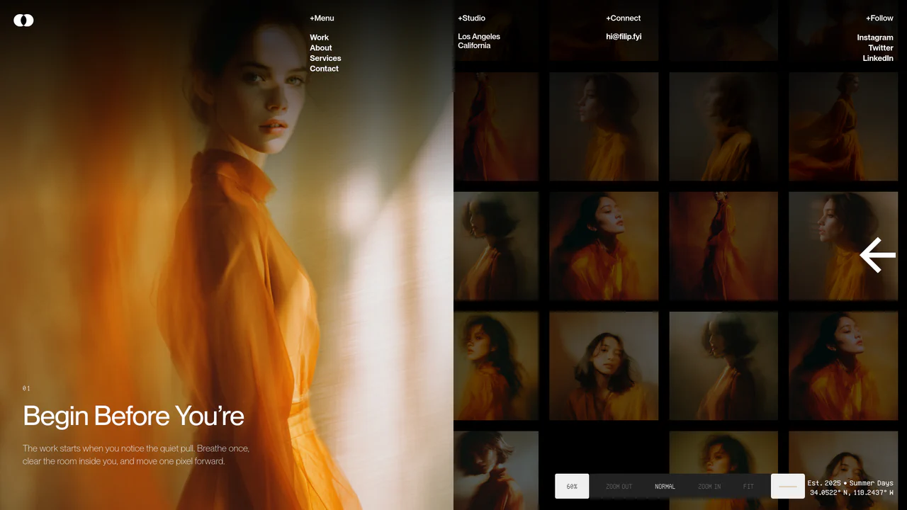 Dark editorial photography grid gallery featuring smooth dragging with inertia, fluid zoom levels, and seamless split-screen detail views.